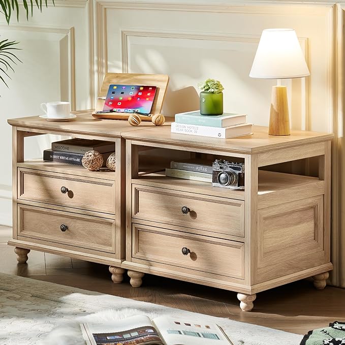 24" Wide Farmhouse Night Stand Set of 2,Large End Table with 2 Drawers & Metal Handle,Natural Wood Dresser for Bedroom, Bed Side Table Chest of Drawers Cabinet, Nightstand for Living Room