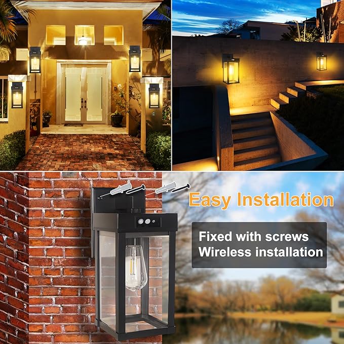 2 Pack Solar Wall Lights Outdoor Waterproof with 3 Lighting Modes & Motion Sensor, Dusk to Dawn Exterior Porch Light fixtures, Solar Wall Lantern Fixture for Garage Porch Yard Front Door