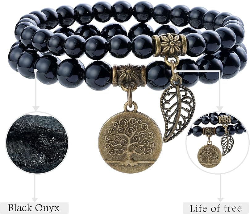 Bivei Natural Semi Precious Gemstone beads bracelet for women - Life Tree and Leaf Charm Energy Reiki Crystal Stretch Bracelets