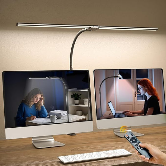 Desk Lamp Home Office,15W Dual Screen Monitor Light with Clamp,Adjustable Gooseneck Computer Light with Stepless Color Temp and Dimming for Architect Work (Black)