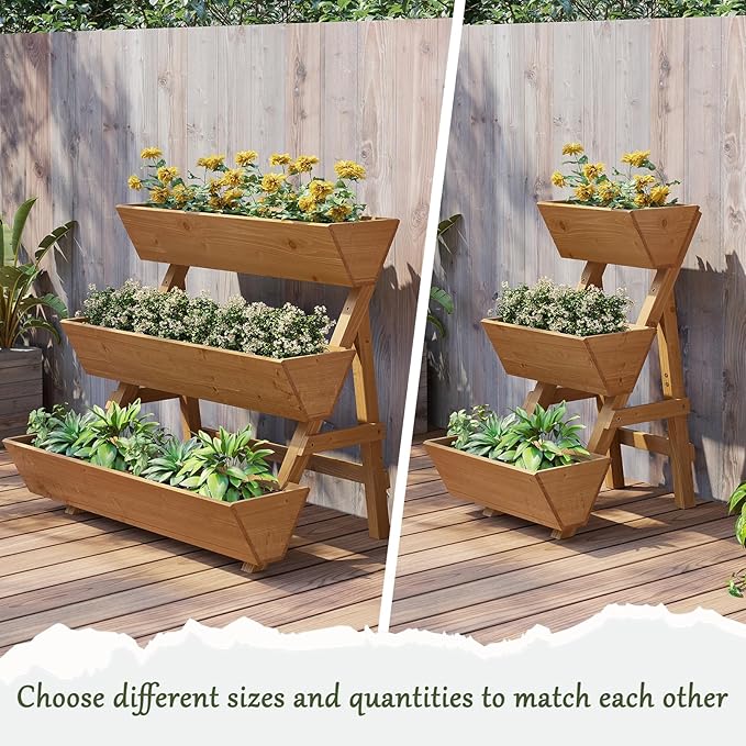 3-Tier Wooden Vertical Raised Garden Bed with Legs, Tiered Planter Box, Vertical Garden Planter,Wood Plant Stand Wood Flower Rack for Patio, Balcony, Freestanding. (Brown-Small)