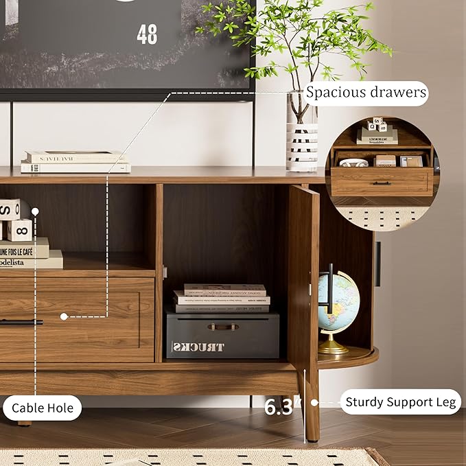 63" Fluted TV Stand for Tvs up to 70", Mid-Century Modern Entertainment Center with Drawers and Fluted Doors, Curved TV Media Console Table with Sliding Doors for Living Room, Bedroom (63")