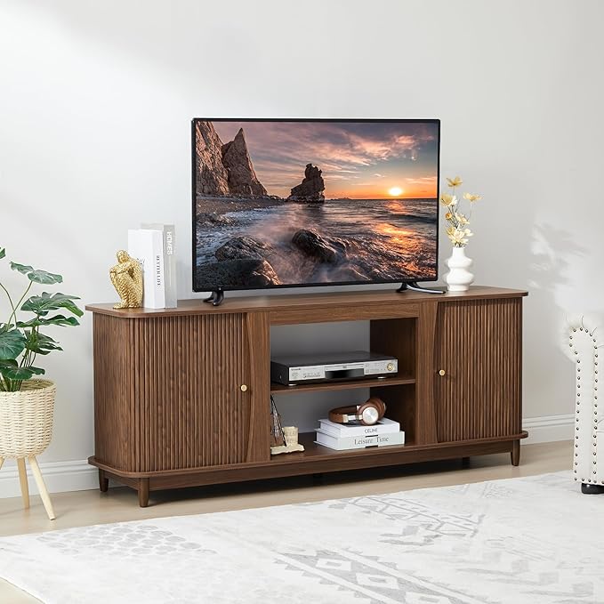 TV Stand, Fluted Media Console Table with Storage and Sliding Door, Farmhouse Entertainment Center for Living Room, Home Office (Walnut-No Fireplace)