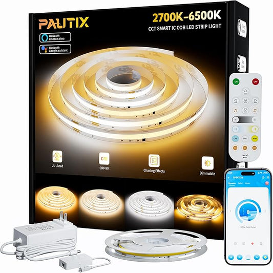 PAUTIX COB LED Strip Lights Addressable 2700K-6500K Chasing White Light CCT Smart IC Tunable Tape Lights 32.8ft Super Bright Dimmable,Alexa Voice Control,for Under Cabinet Bedroom Kitchen DIY Lighting