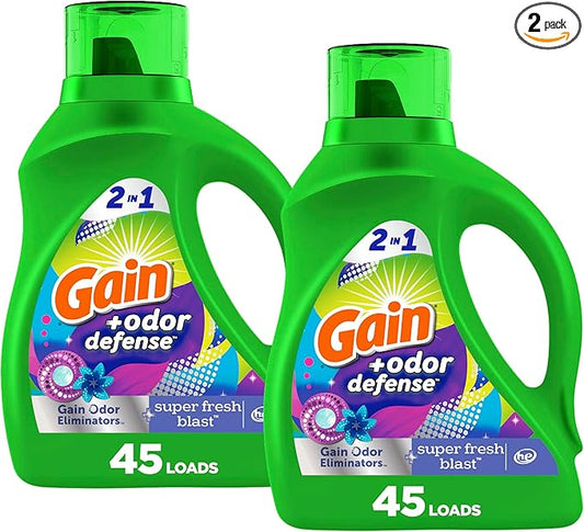 Gain + Odor Defense Laundry Detergent Liquid Soap, 2-Pack, Super Fresh Blast Scent, 65 Fl Oz Each