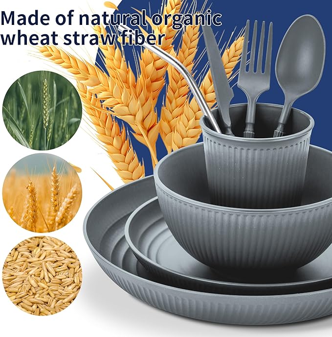 Wheat Straw Dinnerware Sets,48-Piece Plates and Bowls Sets for 6-Unbreakable,Reusable Plastic Dish Set-Dinner Plate/Dessert Plate/Cereal Bowl/Cup/Utensils-Microwavable Dishwasher Safe 48P-Deep Gray