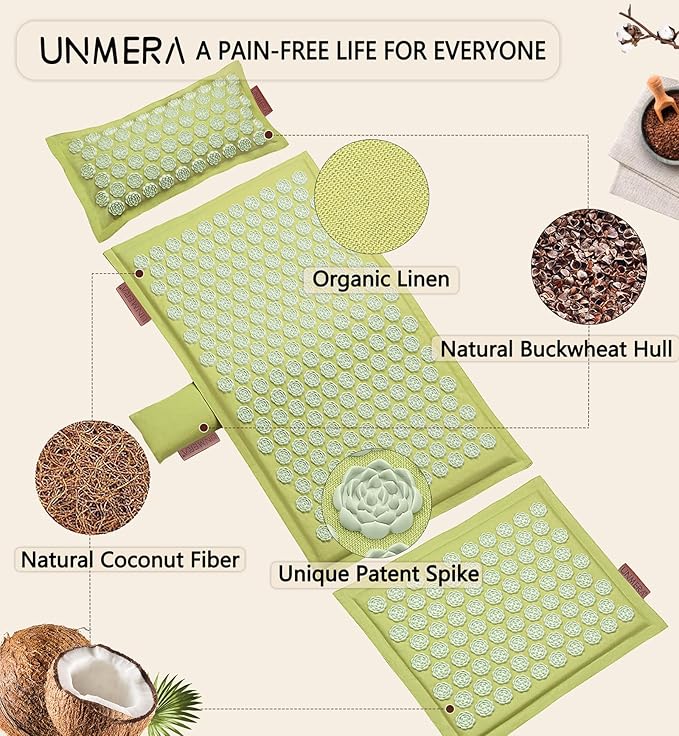 UNMERA Acupressure Mat and Pillow Set,Natural Premium Linen & Coconut Fiber Filling,for Back/Neck Pain Relief, Sciatic, Headache and Muscle Relaxation, Comes with Carrying Bag