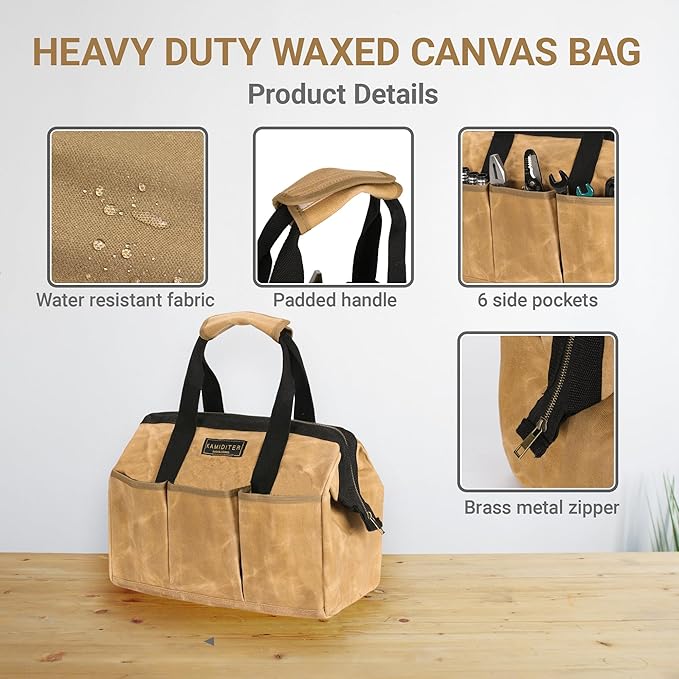 Heavy-Duty Waxed Canvas Tool Tote Bag - Wide Mouth Open Top Organizer with Reinforced Handle | Large Capacity Tool Pouch for Wrenches, Screwdrivers & DIY Supplies (15 x 11.5 x 7.8 inch, Khaki)