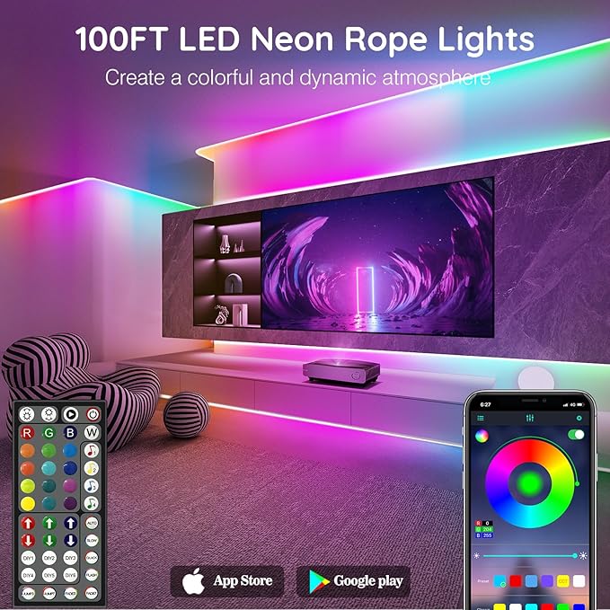 SINLEY Led Neon Rope Lights,Control with App/Remote,Flexible Led Rope Lights,Multiple Modes,IP68 Outdoor RGB Neon Lights Waterproof,Music (100FT)