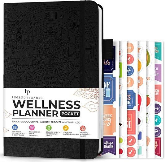Legend Wellness Planner & Food Journal Pocket – Daily Diet & Health Journal with Weight Loss, Measurement & Exercise Trackers – Lifestyle & Nutrition Diary – Lasts 6 Months, 3.9x6.3″ – Black