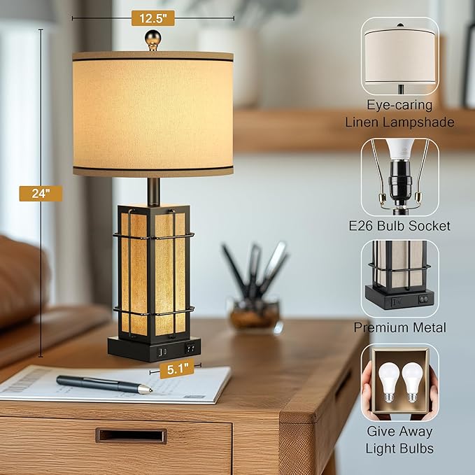 Black Table Lamps Set of 2, 24" Farmhouse Lamps for Living Room with USB C+A Ports, Industrial Retro Lamps for Bedroom, Nightstand Light Fixture, 2 Bulbs Included