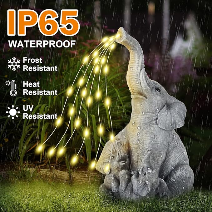 Solar Garden Decor Statue – Outdoor Unique Elephant Family Resin Figurine for Patio, Yard, Lawn, Balcony – IP65 Waterproof Elephant Ornament, Birthday Gifts for Mom, Grandma, Women