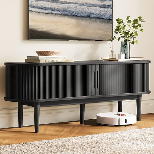 LINSY HOME Fluted TV Stand for 65" TV, Mid-Century Modern Wood Entertainment Center with Sliding Tambour Door and Storage Cabinet, Boho TV Media Console Table for Living Room, Bedroom, Black