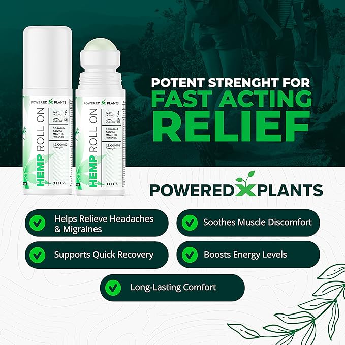 Hemp Oil Roll On - Menthol Rub with Boswellia & Arnica - 12,000mg Extra Strength Oil for Muscle Discomfort by Powered X Plants - Pack of 2, 3 fl.oz.