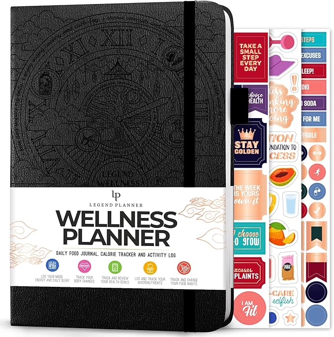 Legend Wellness Planner & Food Journal – Daily Diet & Health Journal with Weight Loss, Measurement & Exercise Trackers – Lifestyle & Nutrition Diary – Lasts 6 Months, A5 size – Black