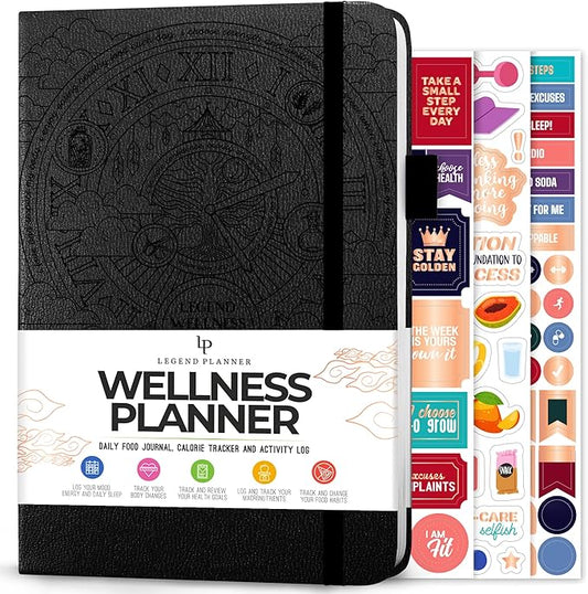 Legend Wellness Planner & Food Journal – Daily Diet & Health Journal with Weight Loss, Measurement & Exercise Trackers – Lifestyle & Nutrition Diary – Lasts 6 Months, A5 size – Black
