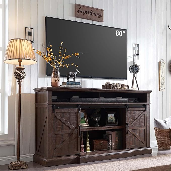 Farmhouse TV Stand for 80 Inch TVs, 37.4"Tall Entertainment Center w/Storage Cabinets and Sliding Barn Door, Media Console Cabinet w/Soundbar & Adjustable Shelves for Living Room, 70 inch (Brown)