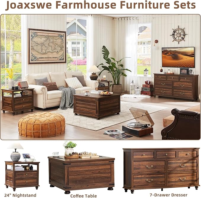 24" Wide Farmhouse Night Stand,Large End Table with 2 Drawers & Metal Handle,Wood Dresser for Bedroom, Brown Bed Side Table Chest of Drawers Cabinet,Nightstand for Living Room,Closet