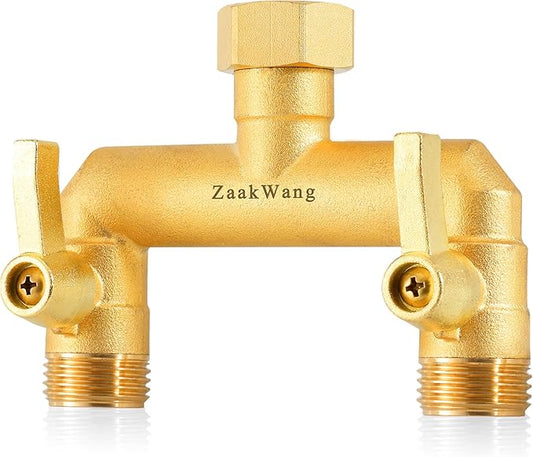 Heavy Duty Brass Garden Hose Splitter 2 Way - Upgrade Full Flow Hose Bib Adapter with Water Shut Off Valves and Long Metal Handles, Rust and Frost Resistant Outdoor Faucet Diverter
