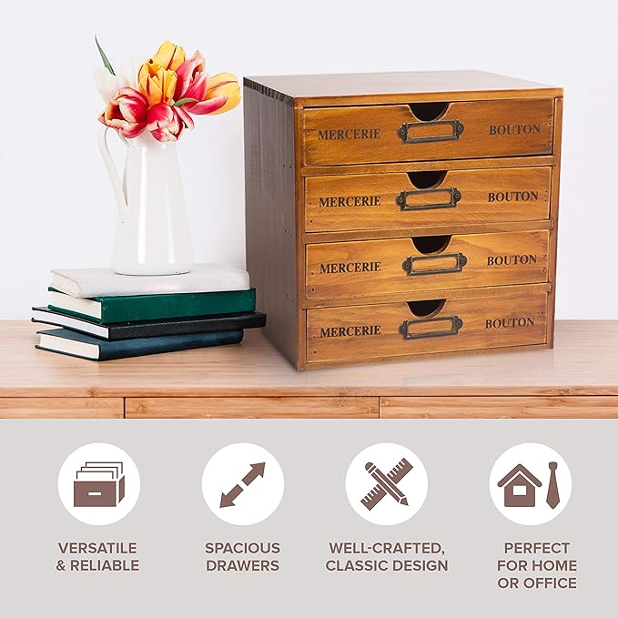 Stackable Apothecary Cabinet 4 Drawer Desk Organizer - Vintage Library Card Catalog Wood Storage Box - Office Desktop Dresser for Stationery, Thread Embroidery, Sewing, Crafts, Junk Drawer & Supplies