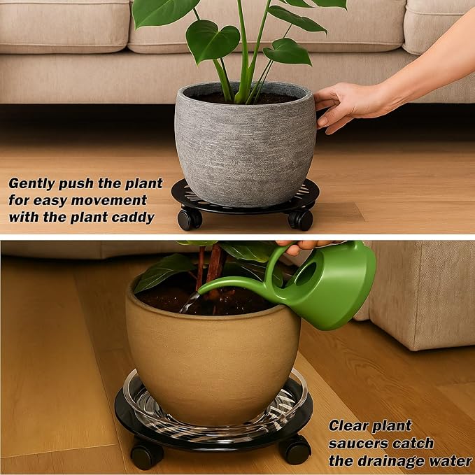 1 Packs Large Metal Plant Caddy with PU Wheels 13.6" Heavy-Duty Wrought Iron Rolling Plant Stands Indoor Outdoor Wheeled Plant Dolly Planter Mover Rollers Plant, Leaf Style