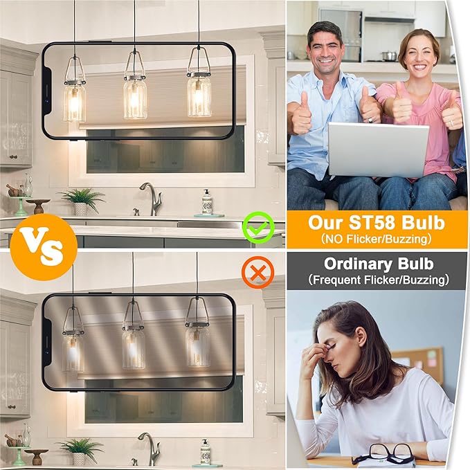 Vintage Edison Bulbs 60W Equivalent 850LM, 6W LED Light Bulb Warm White 2700K, ST58 Filament Lighting E26 Base, Non-Dimmable, Pack of 6