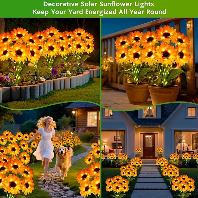 Solar Garden Lights Outdoor, 3 Pack Solar Sunflower Lights with 18 Head 3.4 Inch Flowers, Waterproof Flowers Light Fall Decor Auto ON/Off for Garden Yard Patio Backyard, Gifts for Mom Women