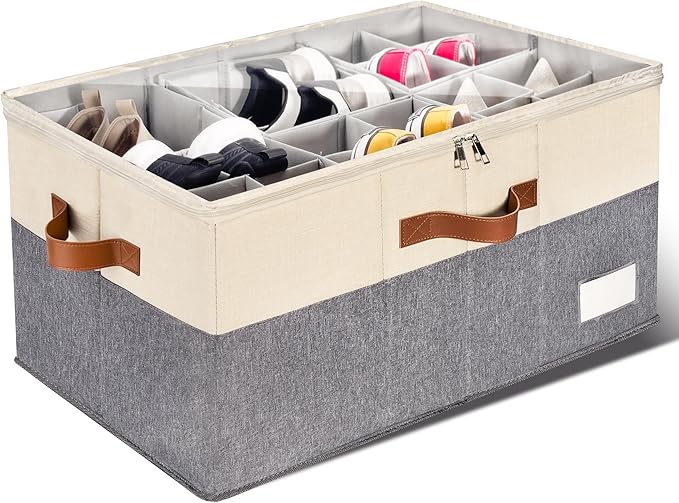 1 Pack Shoe Organizer for Closet, Adjustable Shoe Box Storage Containers, Large Foldable Shoe Bins with Clear Cover, Space Saving Shoes Holder with 4 Handles, Fits 12-24 Pairs, Beige