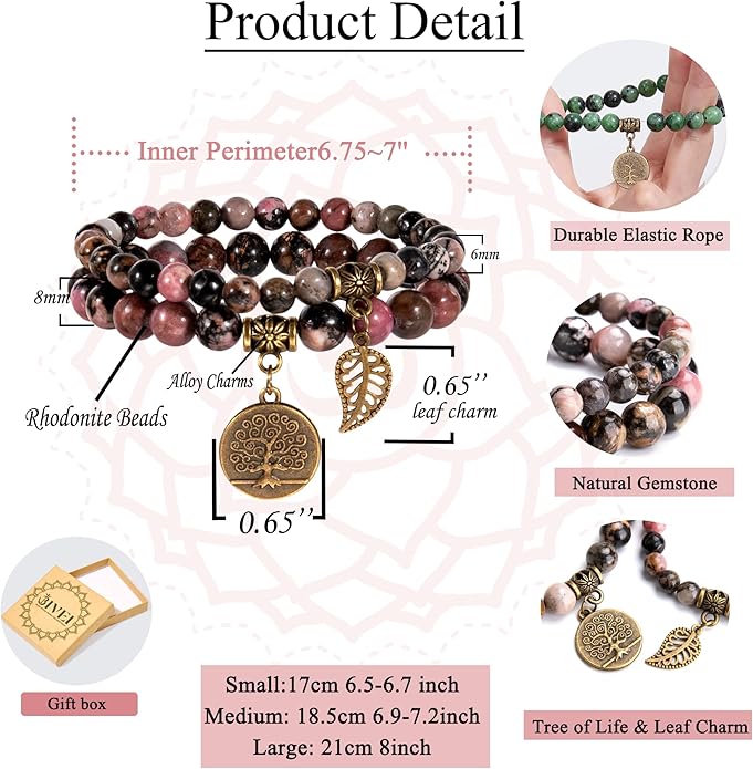 Bivei Natural Semi Precious Gemstone beads bracelet for women - Life Tree and Leaf Charm Energy Reiki Crystal Stretch Bracelets