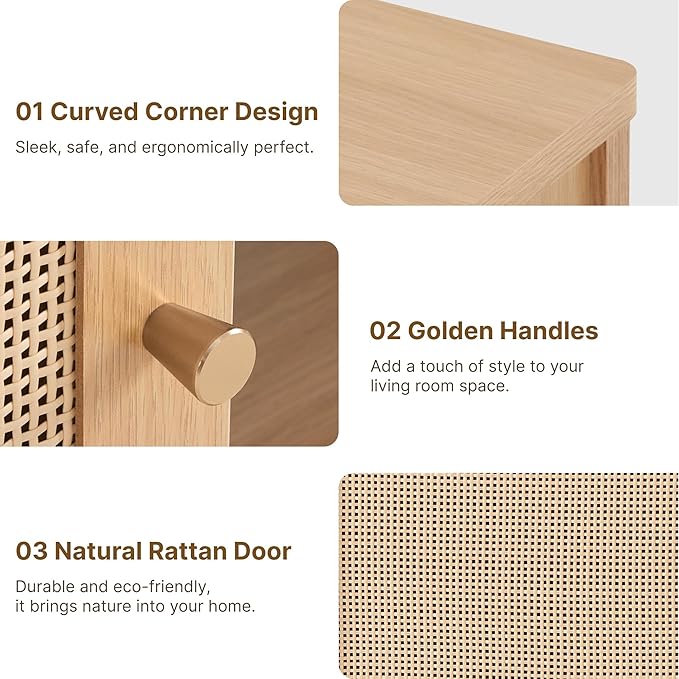 Rattan TV Stand for TVs up to 75'' Boho Entertainment Center with Adjustable Shelf Television Stand with 2 Storage Cabinets Media Console Wooden TV Cabinet for Living Room Bedroom,Natural Oak