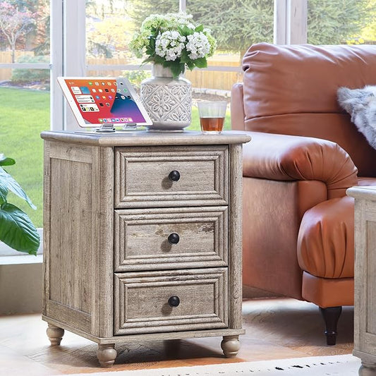 18" Farmhouse Nightstand with Charging Station and USB Port, Grey Night Stand with 3 Drawers, Wood Bedside End Table with Storage, Bed Side Tables for Bedroom Living Room and Closet