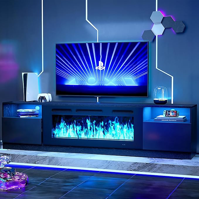 90” TV Stand with 50” WI-FI Electric Fireplace, Large Modern Media Entertainment Center with Storage Cabinet and 12 Colors LED Lights for TVs Up to 100",All Black