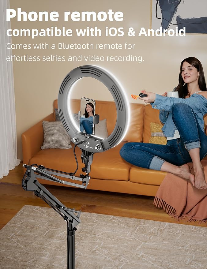 Ring Light Overhead Phone Mount,14'' LED Ring Light with Stand and Phone Holder,CRI Max 96 Professional for Video Recording,Live Streaming,Cooking and Content Creation(66.9High)