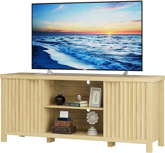 TV Stand for 65 inch TV, Modern Mid Century Entertainment Center with Storage, Media Consol with Fluted Door Cabinets and Open Shelves, Wooden, for Living Room, Bedroom, Office Furniture,MLTV21Y