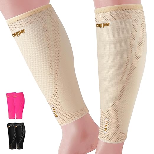Copper Calf Compression Sleeve for Men and Women, Shin Splint Compression Sleeve for Legs Pain Relief, Footless Compression Socks for Varicose Veins (Nude, X-Large)