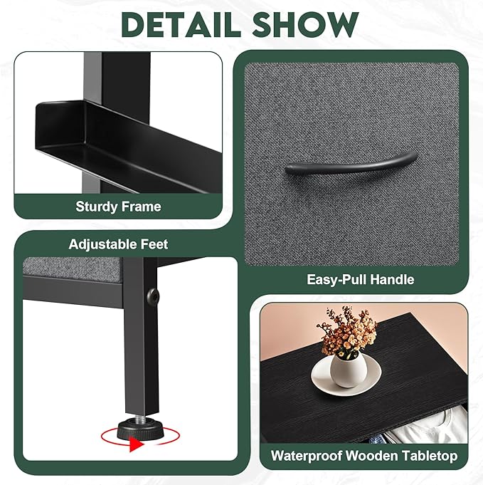 5 Fabric Drawer Dresser for Bedroom, Chest of Drawers with Waterproof Wood Top Tall Dresser for Hallway, Living Room, Kid Room (Grey and Charcoal Black)