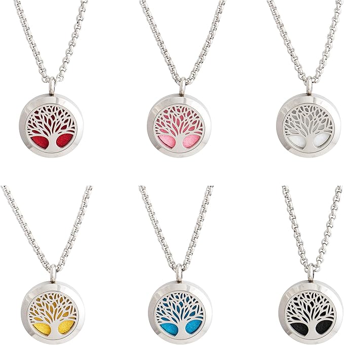 Wild Essentials Tree of Life Essential Oil Diffuser Necklace, Stainless Steel Locket Pendant with 24 inch Chain, 12 Color Refill Pads, Customizable Color Changing Perfume Jewelry for Aromatherapy