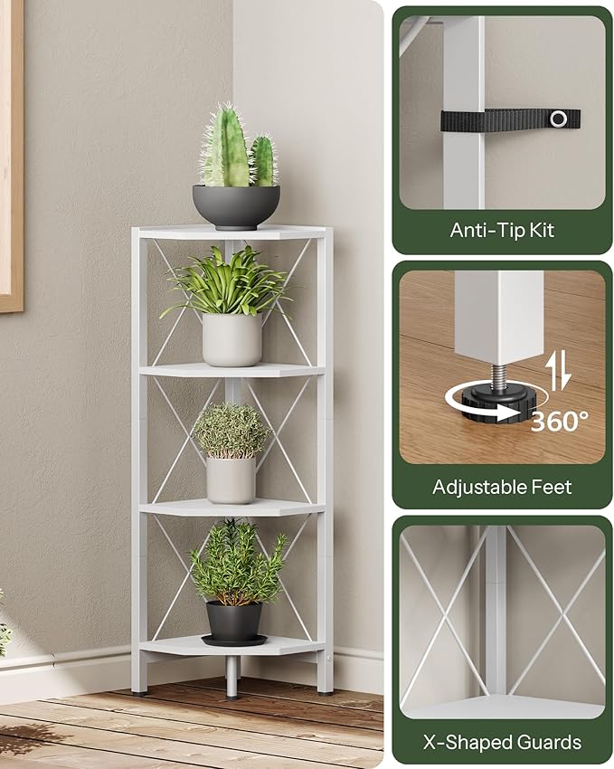 4-Tier Corner Shelf, Corner Bookcase, 43.3" Tall Vertical Display Rack, Plant Stand, Open Storage Shelf, for Living Room, Bedroom, Study, Kitchen, White TCJ14WB