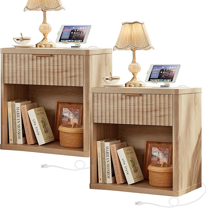 LEYAOYAO Fluted Farmhouse Nightstand Set of 2 with Charging Station, 23" Wide 1 Drawers Night Stand,Natural Dresser for Bedroom,Bed Side Table Chest of Drawers,Wood End Table for Living Room