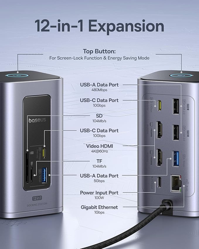Baseus Docking Station Dual Monitor, Nomos Win Air(12 in 1) Laptop Dock, 2*4K HDMI, 10Gbps USB Ports, 1Gbps Ethernet, PD 100W(No Power Adapter), USB C Docking Station for Dell/HP/Lenovo/Asus/Acer/Mac