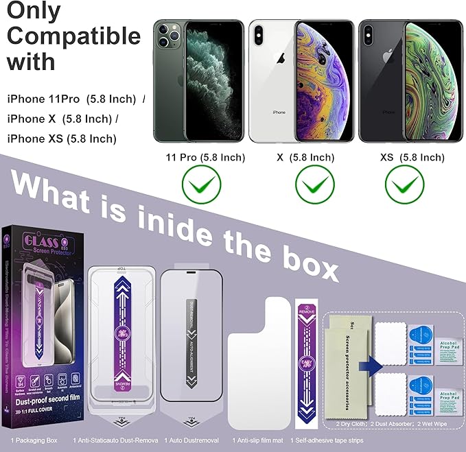 2 Pack Screen Protector for iPhone X/iPhone XS/iPhone 11 Pro, 9H Tempered Glass, Full Coverage, Anti-Fingerprint, Auto Dust-Elimination, No Bubble, Easy Installation