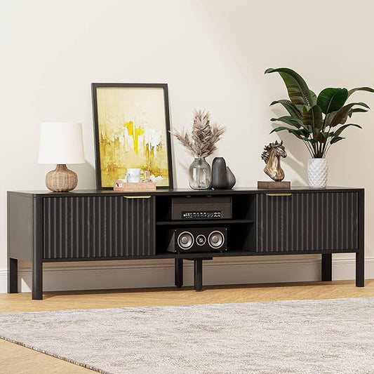 Black TV Stand, Mid Century Modern Entertainment Center with Storage, TV Table with Fluted Door Cabinets and Open Adjustable Shelves for Livingroom, Bedroom