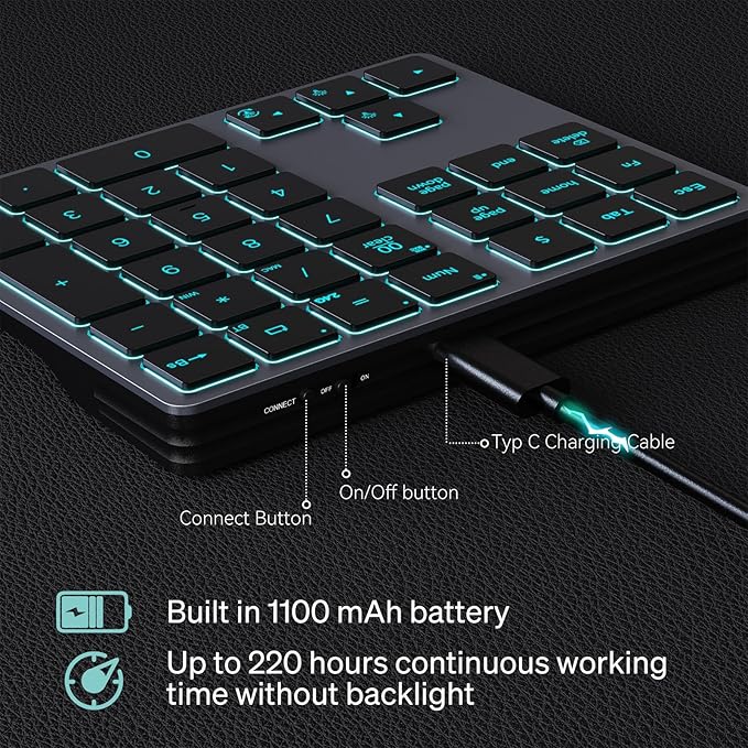 Doohoeek Bluetooth & 2.4G USB Wireless Numeric Keypad for Laptops, PC Computers Macbooks & Tablets, Dual Mode Number pad 34 Keys with 7-Color Backlit for Windows, MacOS & iOS, Gray