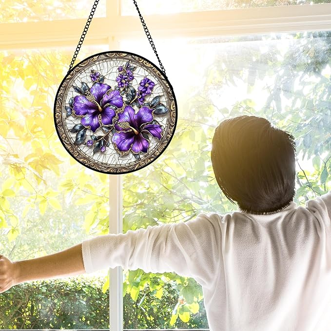 Stained Glass Window Hanging, Purple Flowers Romantic Suncatcher for Doors Home Sun Catchers Decoration and Christmas, Mother's Day Birthday Gifts for Women, Men, and Mom 7.8 in