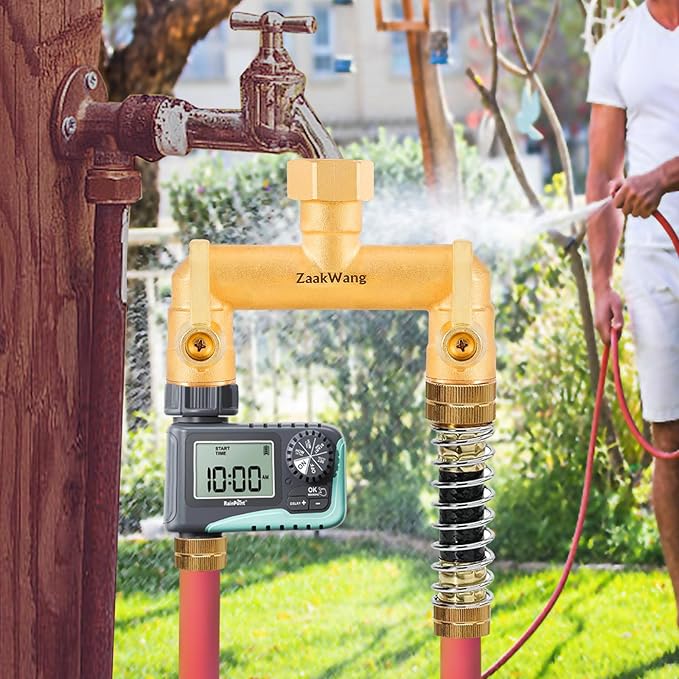 Heavy Duty Brass Garden Hose Splitter 2 Way - Upgrade Full Flow Hose Bib Adapter with Water Shut Off Valves and Long Metal Handles, Rust and Frost Resistant Outdoor Faucet Diverter