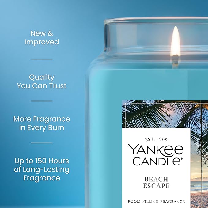 Yankee Candle Large Jar Scented Candle with up to 150 Hour Burn Time, Premium Plant Wax Blend for Consistent Burn, 22 oz Jar Candle with Room Filling Fragrance, Beach Escape