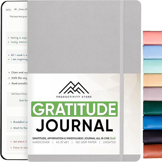 PRODUCTIVITY STORE Gratitude Journal & Self Care Journal - Guided Journal, Mindfulness Journal & Mental Health Journal All-In-One - Premium Daily Journal For Women & Men - A5 5.8" x 8.3" - Grey