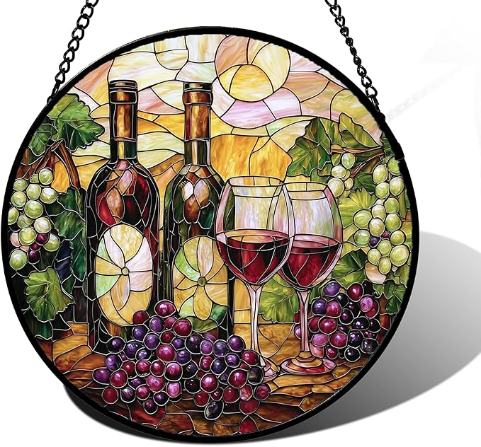 Stained Glass Window Hanging, Grapes and Wine Suncatcher Diamond Glass Panel Hangings Sun Catchers Decor for Birthday for Women, Men, Wife, Aunt, and Mom 11.8x11.8 in