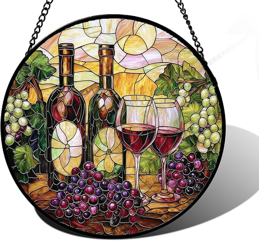 Stained Glass Window Hanging, Grapes and Wine Suncatcher Diamond Glass Panel Hangings Sun Catchers Decor for Birthday for Women, Men, Wife, Aunt, and Mom 6.3 in