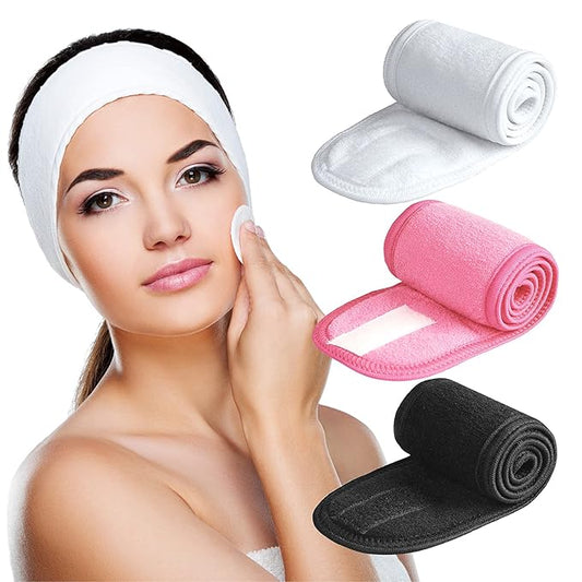 Denfany Spa Headband 3 Pack Ultra Soft Adjustable Face Wash Headband for Face Washing, Shower, Makeup and Sport (Black+White+Pink)